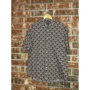 Roundtree & Yorke Short Sleeve Button Up Shirt L Damask Chocolate Brown Cotton